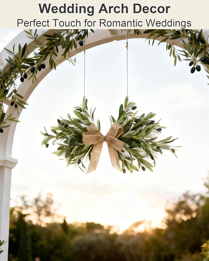 24" Handmade Artificial Olive Swag (2PC), Realistic Greenery Swag with Natural Burlap Bow, Easy to Hang Symmetrical Olive Branch Wreath for Front Door, Wedding Arch, Mantle & Farmhouse