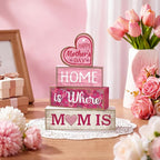 Lineshading 4 Pcs Mothers Day Table Decorations Wooden Pink Heart Decor Happy Mother's Centerpieces Gifts for Mom from Daughter Son Mothers Day Decorations for Home Shelf Indoor Party Decoration