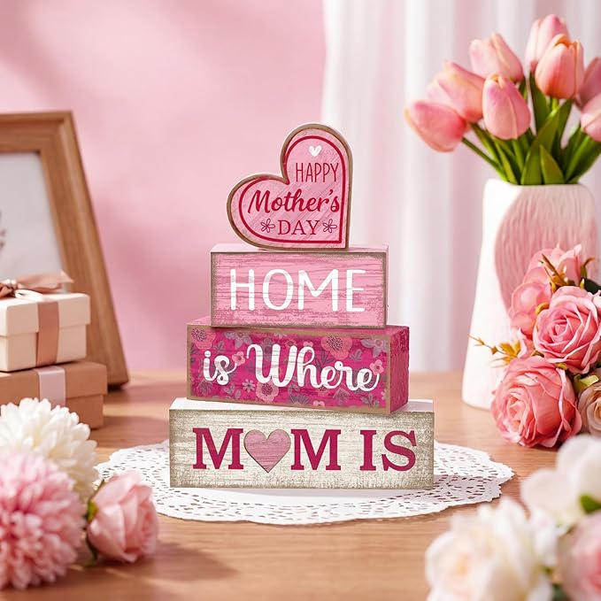 Lineshading 4 Pcs Mothers Day Table Decorations Wooden Pink Heart Decor Happy Mother's Centerpieces Gifts for Mom from Daughter Son Mothers Day Decorations for Home Shelf Indoor Party Decoration