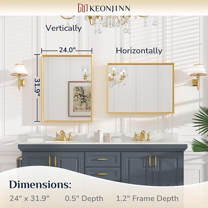 Keonjinn Gold Bathroom Vanity Mirror 24 x 32 Inch, Rectangular Wall Mirror, Aluminum Alloy Metal Frame Rectangle Modern Farmhouse Mirrors, Square Corner Framed Mirrors for Bathroom Sink