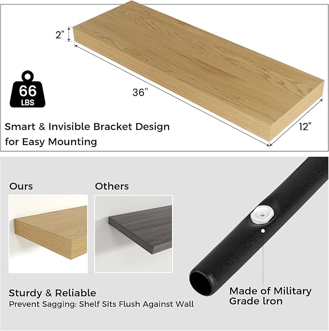 Venusmiles Floating Shelves for Wall, 36" W x 12" D x 2" H, 2 Pack of Long Wall Mounted Engineered Wood Shelves with Invisible Brackets for Living Room, Bedroom, Bathroom, Kitchen Decor, Oak