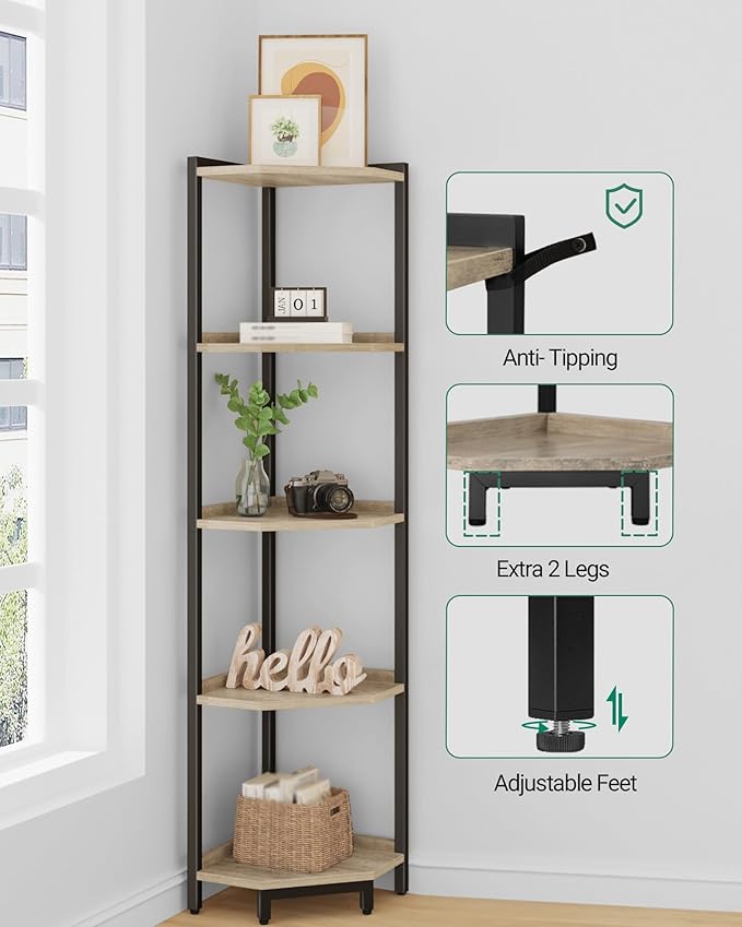 Hzuaneri Corner Shelf Stand, Corner Bookshelf, Storage Standing Shelf Unit with Metal Frame, Plant Stand, Bookcase for Living Room, Home Office, Bedroom, 5-Tier Greige CS05905B