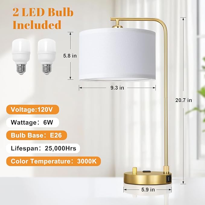 Innqoo Bedside Table Lamps for Bedroom Set of 2-Dimmable Nightstand Lamps with USB Port and Outlet,Modern Gold Lamps with Linen Shade,Tall Desk Lamps for Home Office Bedroom Living Room End Table