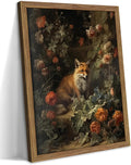 Framed Dark Academia Fox Canvas Wall Art, Sitting Fox Surrounded by Flowers, Elegant Vintage Botanical Poster, Fine Art Print for Living Room Bedroom Study – Dark Wooden Frame 12x16in