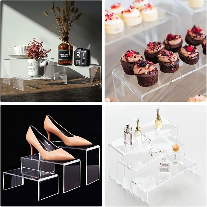ANDGOO 12 Pack Large Acrylic Risers, 4 Set(11.2”L~11.6”L~12”L) Clear Rectangular Stands for Display, Tiered Acrylic Shelves for Decor, Collectibles, Dessert Table, Retail Display Shelf Showcases