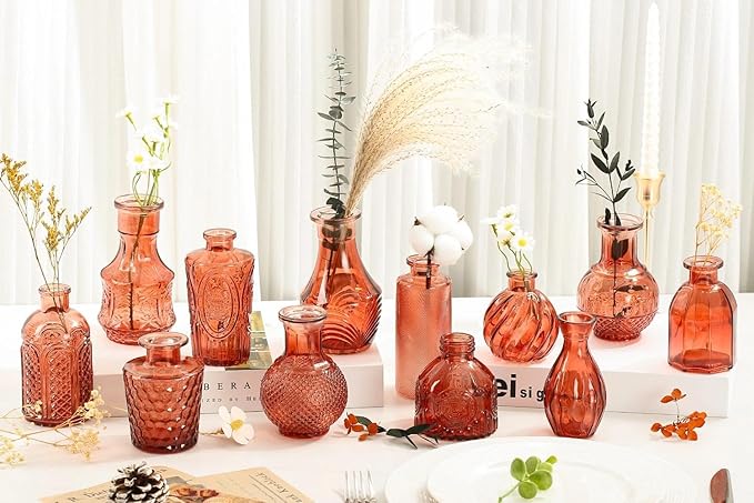 Mini Bud Vases Centerpieces for Tables, for Flowers,Small Flower Vases Suitable for Birthday Party,Anniversary,Wedding Reception,Baby Shower (Amber, 12PCS)