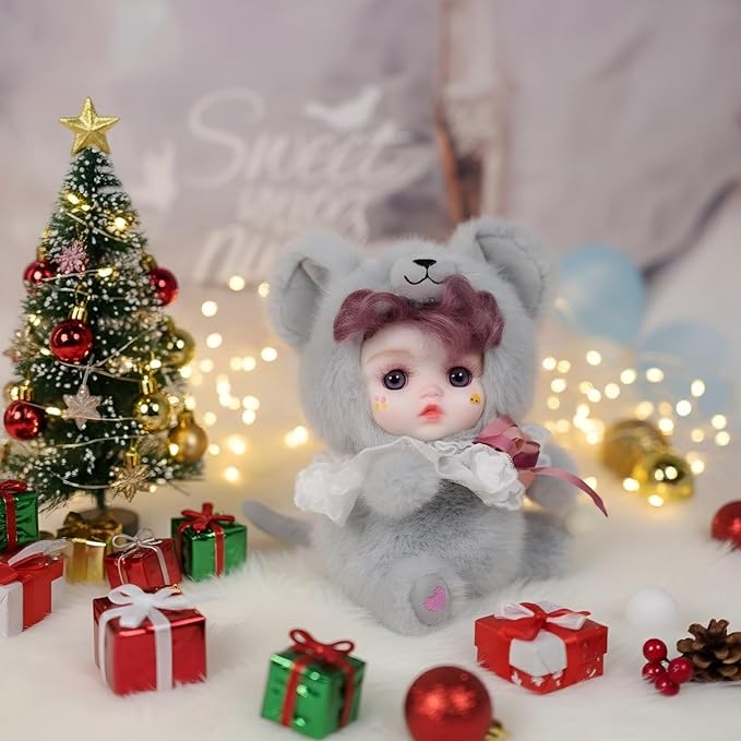 8 Inch Hand-Painted Porcelain Face Doll with Plush ＆ Acrylic Cotton Body, Mini Kawaii High-Color Makeup Ceramic Doll for Room Decor, Birthday Gifts, Collectible ，Name Kira (Grey)