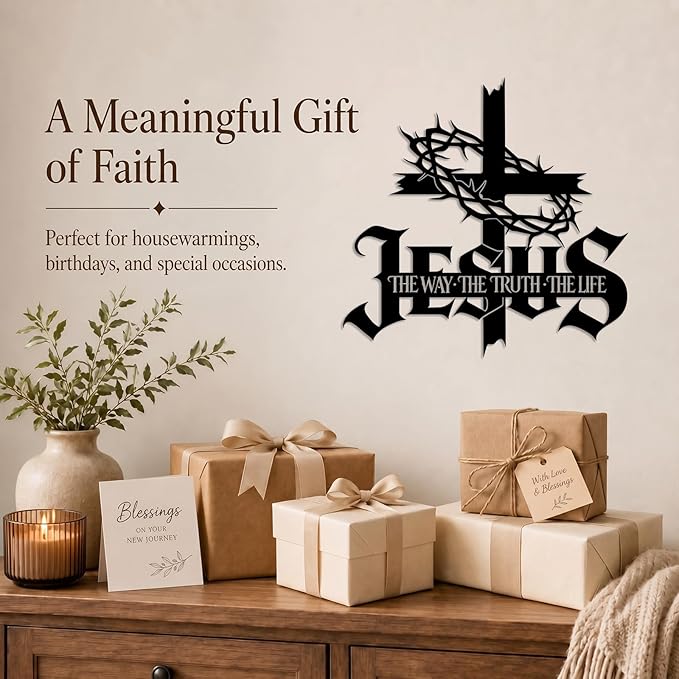Jesus Wall Art Cross Wall Decor with Crown of Thorns - Metal Christian Wall Art "The Way The Truth The Life" Sign, Black Iron Religious Wall Art & Christian Wall Decor for Home Living Room Church