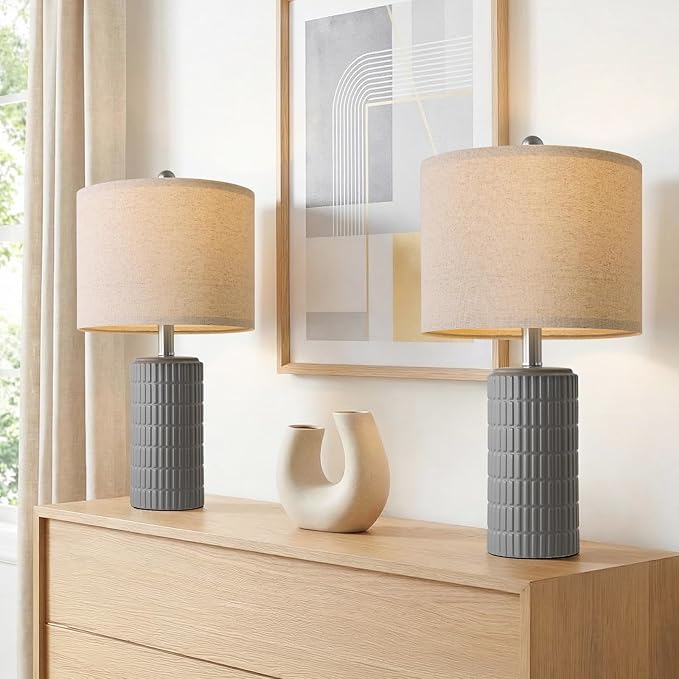 PoKat 20.75'' Ceramic Small Table Lamps for Bedroom, Modern Dark Gray Bedside Lamps Set of 2, Farmhouse Lamps for Living Room with Linen Lampshade for Night Stands Guest Room Side End Table Console