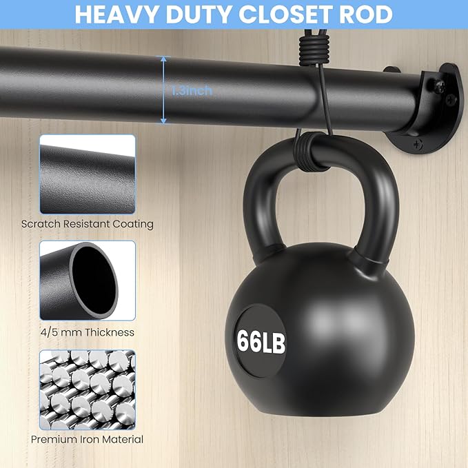 Closet Rods for Hanging Clothes, 17 to 54 Inch Stepless Adjustable Closet Rod, 1.3 Inch Diameter Metal Heavy Duty Closet Hanging Rod for Closet Wardrobes Laundry RV, Black