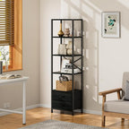 Furnulem 5-Tier Corner Shelf, Narrow Bookshelf with 2 Storage Drawers, 65.16" Tall Bookcase, Standing Shelf Organizer Unit for Living Room, Bedroom, Metal Frame, Wood Display Shelf(Black Oak)