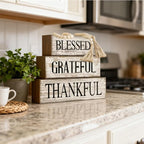 4 Pcs Farmhouse Wooden Tabletop Decor Neutral Farmhouse Tiered Tray Decor Rustic Retro Wood Bead Garland Blessed Grateful Thankful Block Sign Centerpiece for Coffee Home Office Shelf Mantle Table