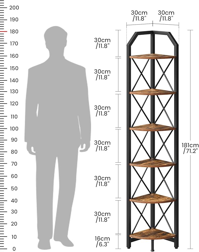 CHOEZON 6-Tier Corner Shelf, Industrial Corner Bookshelf, 71.2" Corner Storage Stand, Plant Stand Display Shelf, Corner Bookcase for Bedroom, Living Room, Home Office, Rustic Brown and Black TCJ11BF