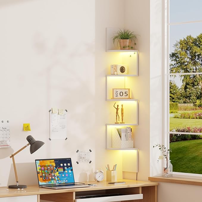Qupui 5-Tier Corner Shelf with LED Lights, 49 Inch Floating Wall Mounted Corner Shelf for Bedroom Living Room Bathroom, White Corner Bookshelf Display Stand with RGB Lighting