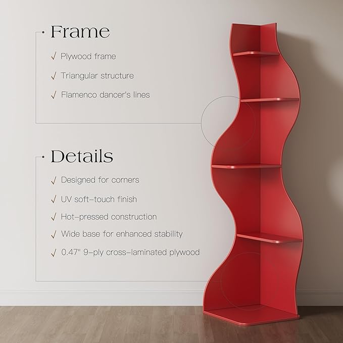 YOWOS Modern Corner Bookshelf, 5 Tier Tall Corner Shelf for Small Spaces, Wavy Corner Bookcase with Storage, Wooden Display Shelf for Plants, Books, and Decor, Multiple Colors & Sizes (Red, Large)