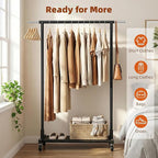 Luxspire Clothes Rack with Lockable Wheels, Simple Clothing Garment Rack with Storage Shelves, Hanging Racks for Clothes with Single Rods for Laundry Room, Balcony, Bedroom, Bathroom, Black