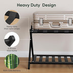 2 Packs Fully Assembled Black Bamboo Luggage Racks with Shoe Shelf, 5 Straps Folding Suitcase Stand, Heavy Duty Luggage Holders for Guest Room, Bedroom, Hotel