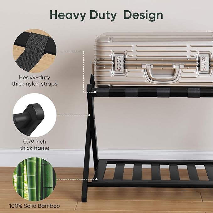 Fully Assembled Black Luggage Rack, Suitcase Stand with Shoe Shelf, Folding Wooden Luggage Stand for Guest Room, Bedroom, Hotel