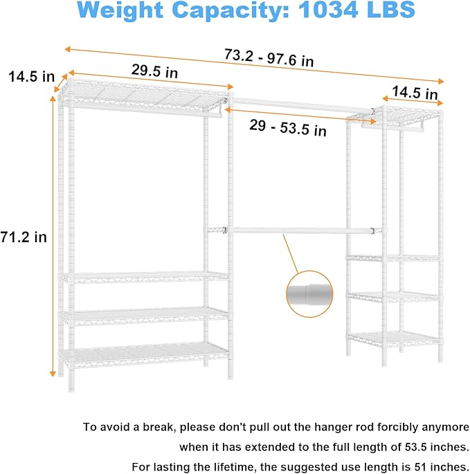 Ulif E11 Heavy-Duty Garment Rack, Metal Freestanding Clothes Rack and Closet Storage Organizer with 8 Shelves and 4 Hanger Rods, (73.2-97.6)" W x 14.5" D x 71.2" H, Load 1034 LBS, White