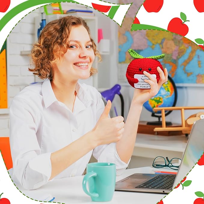 Wavwavw 3 Pack Teacher Appreciation Gift Positive Flower Handmade Crochet Doll Thank You for Helping Me Grow Gifts Back to School Gifts for Women Teacher(Apple)