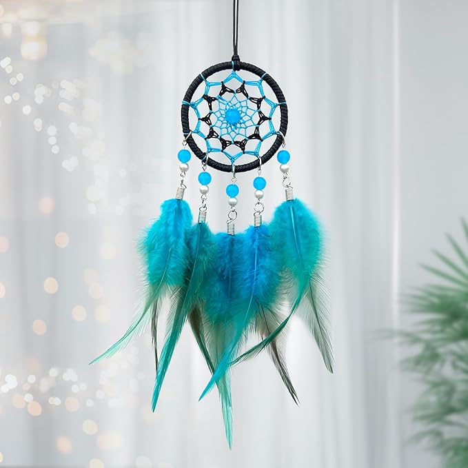 Rear View Mirror Accessories Small Dream Catcher for Car, Turquoise Blue Mini Dreamcatcher for Rearview Mirror Hanging