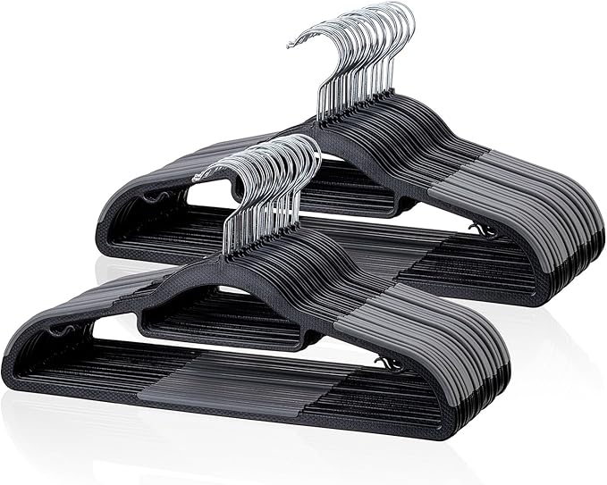 Heavy Duty Plastic Hangers 50 Pack, Space Saving Clothes Hangers, Non-Slip, 0.2 Inches Slim, 360° Swivel Silver Hook for Shirts, Sweaters & Pants, Black and Dark Gray