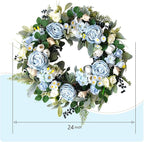 24 inch Spring Front Door Wreath Blue Rose Spring/Summer Flower Wreath Indoor Outdoor Decoration Wedding Birthday Party Decoration