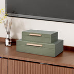 Decorative Box, Decorative Boxes with Lids 2-Set, Memory Box for Keepsakes, Beautiful PU Leather Decorative Storage Boxes in Style, Decor Box with Rose Metal Handle, Store Photos, Documents Green