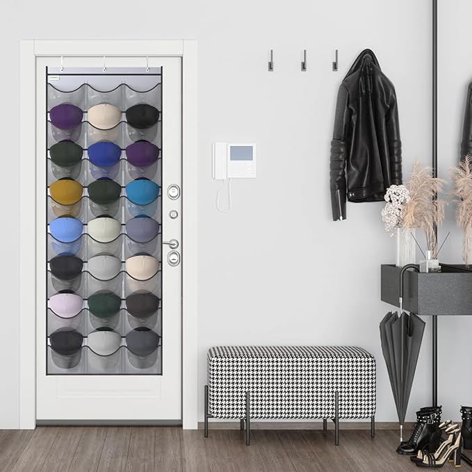 Unjumbly Baseball Hat Rack, 24 Pocket Over-The-Door Hat Organizer with Clear Deep Pockets to Display Baseball Caps Collection, Complete with 3 Over Door Hooks (Grey, 24 Pockets)
