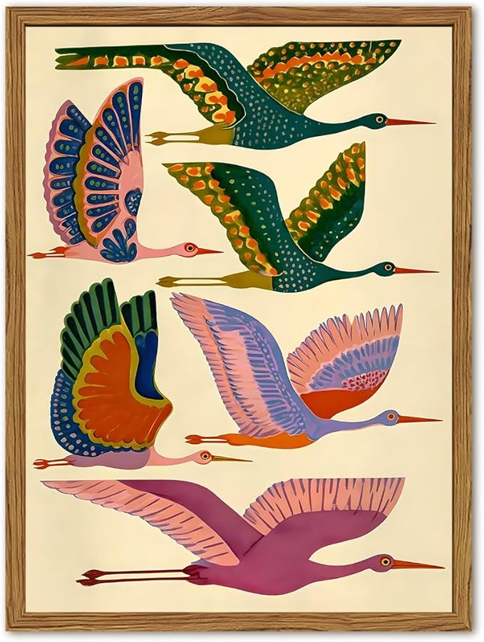 Framed Colorful Bird Wall Art, Vintage Flying Heron Pictures Wall Decor, Mid Century Modern Animal Paintings Canvas Prints Abstract Home Decor Aesthetic Artwork for Living Room Bedroom 12x16 inch