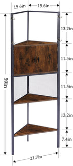 VECELO 4 Tier Corner Cabinet, 59" Tall Standing Organizer with 4 Dual-Hooks, Rustic Brown Storage Rack, Narrow Bookshelf Display Shelves Rack for Wall Corner, Living Room, Kitchen, Bedroom, Office