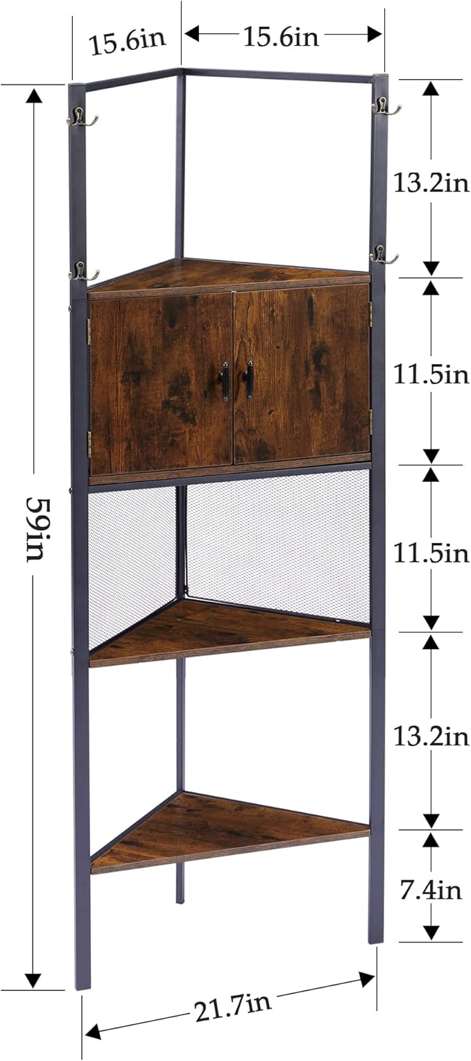 VECELO 4 Tier Corner Cabinet, 59" Tall Standing Organizer with 4 Dual-Hooks, Rustic Brown Storage Rack, Narrow Bookshelf Display Shelves Rack for Wall Corner, Living Room, Kitchen, Bedroom, Office