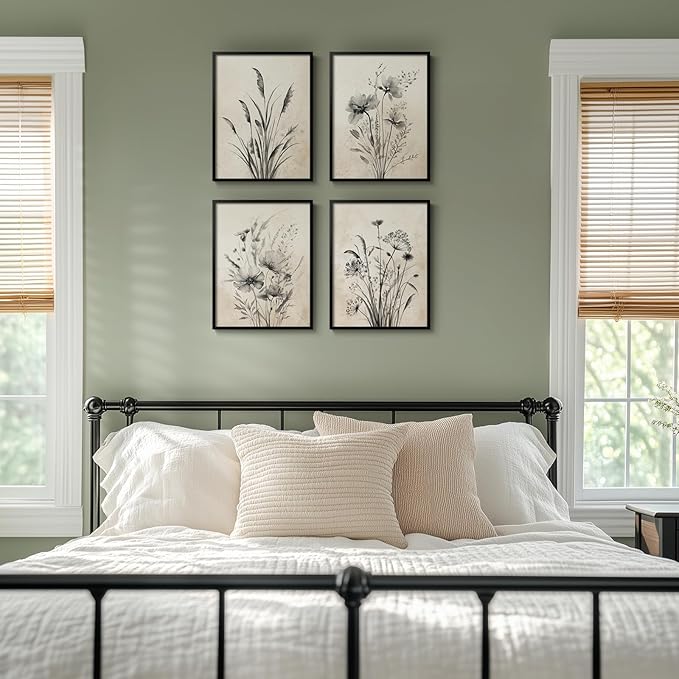 Framed Boho Vintage Botanical Wall Art, 4 Piece Black and White Floral Canvas Prints for Modern Farmhouse Bathroom, Natural Rustic Flower Artwork for Bedroom Kitchen Hallway Wall Decor, 11x14