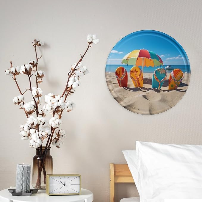 Wall Picture, with Colorful Flip Flops Beach Ball Printed Circular Iron Hanging Picture,Wall Art Decor,Home for Bedroom Living Room Bathroom Decor,Iron Painting 11.8X11.8 in