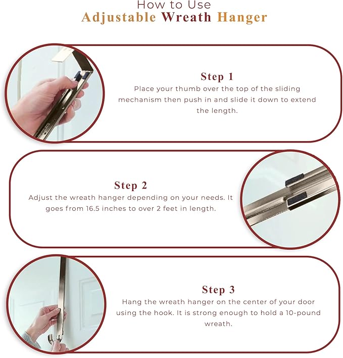 Haute Decor Adapt Adjustable Length Wreath Hanger 2-Pack (Antique Brass) - Two Front or Back Door Decor Holders, Extends from 16.5" to 25", Over Door Hanger with Pads on The Back, Holds up to 10 lbs.