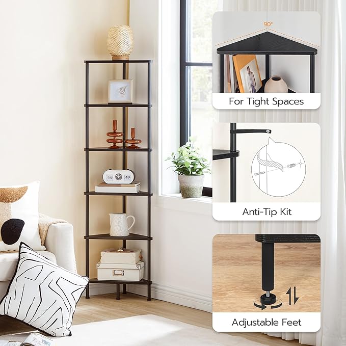 HOOBRO Corner Shelf Stand, Industrial 6-Tier Corner Bookshelf with Metal Frame, Bookcase, Plant Display Stand for Small Spaces, Living Room, Black BK36CJ01
