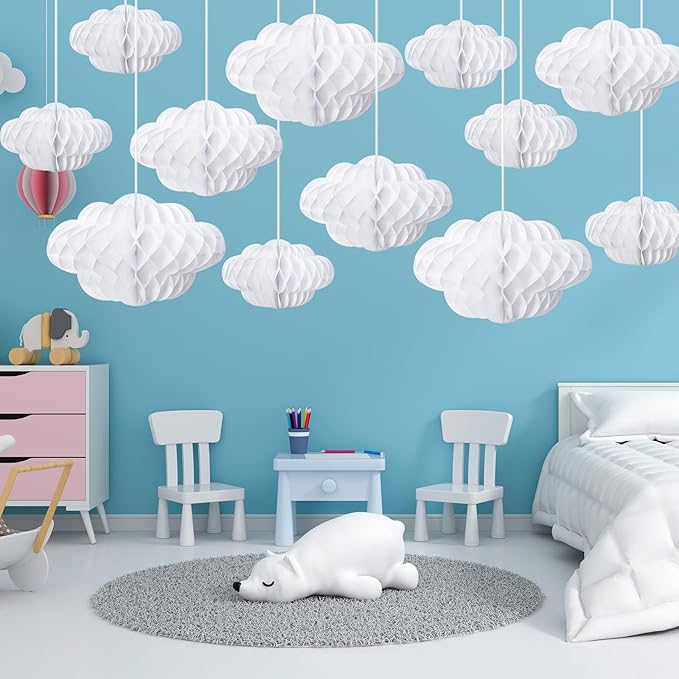 Affrolling 30 Pcs 3D Cloud Decorations Hanging Honeycomb Decor Artificial Cloud Ornaments for Ceiling Art Wedding Birthday Nursery Room Baby Shower Party Decorations (Small,Classical Style)