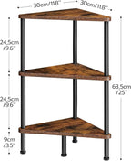HOOBRO Corner Shelf Stand, Industrial 3-Tier Corner Bookshelf with Metal Frame, Plant Display Shelf, Small Bookcase for Small Spaces, Living Room, Rustic Brown and Black BF30CJ01