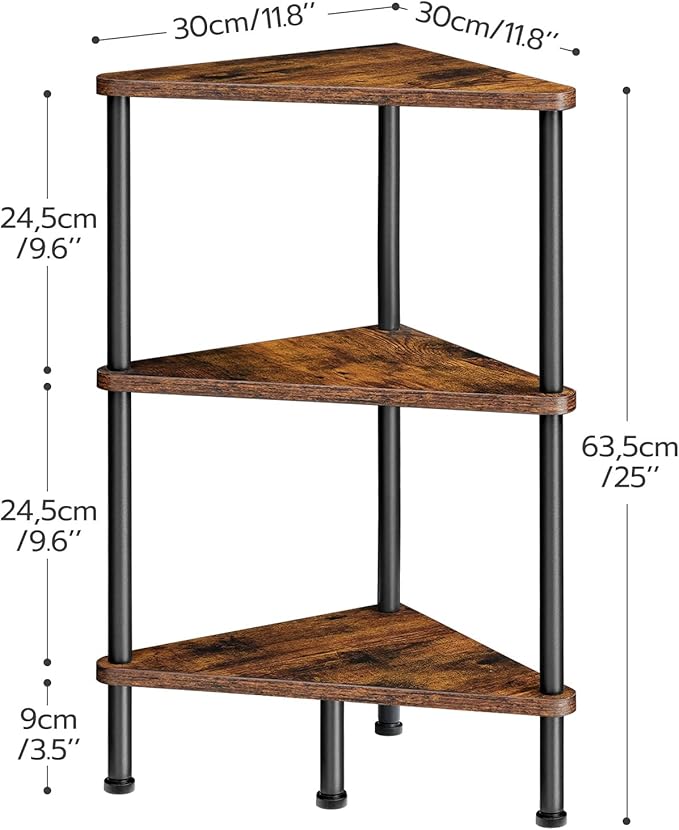 HOOBRO Corner Shelf Stand, Industrial 3-Tier Corner Bookshelf with Metal Frame, Plant Display Shelf, Small Bookcase for Small Spaces, Living Room, Rustic Brown and Black BF30CJ01