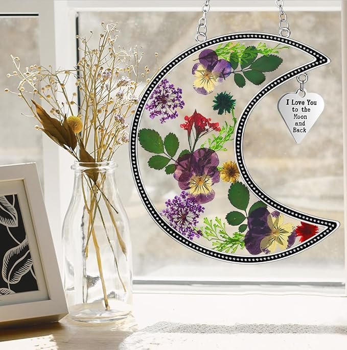KY&BOSAM Moon Suncatcher Stained Glass for Window Hangings Wind Chime Decor with Pressed Real Flower and Metal I Love You to The Moon and Back Charm Birthday Gift for Women Mom Mother`s Day Christmas