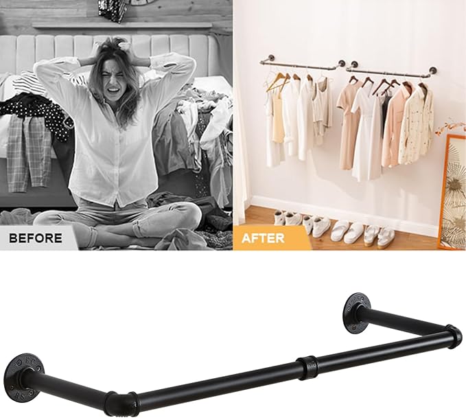 IBUYKE Industrial Pipe Clothes Rack Set of 2, 37 Inch Wall Mounted Clothing Rack, Space-Saving Hanging Closet Rod, Heavy Duty Multi-Purpose Garment Rack for Closet and Laundry Room, Black TYJ001H-2