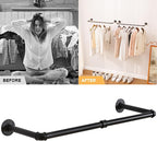 IBUYKE Industrial Pipe Clothes Rack Set of 2, 37 Inch Wall Mounted Clothing Rack, Space-Saving Hanging Closet Rod, Heavy Duty Multi-Purpose Garment Rack for Closet and Laundry Room, Black TYJ001H-2