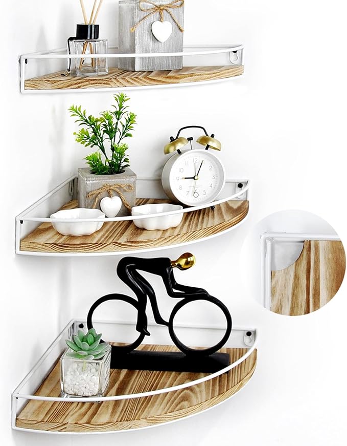 Corner Shelf Wall Mounted, Set of 3 Corner Floating Shelves with Cord Hole and Guardrail for Cable Box, Baby Monitor Pet Cameras, Speaker, Nursery Kitchen Living Room Bathroom, White