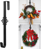 Wreath Hangers for Front Door,15" Sturdy Metal Wreath Doors Hangers,Over The Door Hooks for Front Porch Decor,Garland Hooks Holders for Halloween Christmas Decorations (Black Snowflakes, 2 Pack)