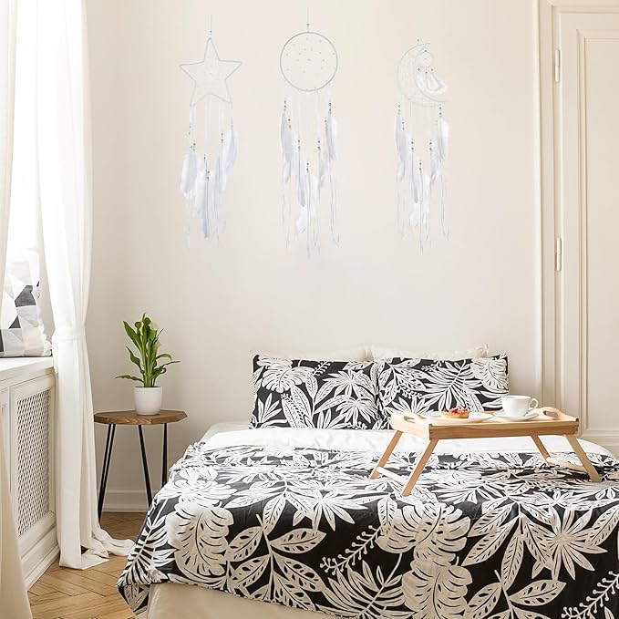 Jetec 3 Pcs Dream Catcher Moon Sun Star Design Handmade Traditional Craft Ornament Wall Art Hanging Home Decoration for Bedroom Room Decor Wedding Halloween Christmas Decorations Gift(White)
