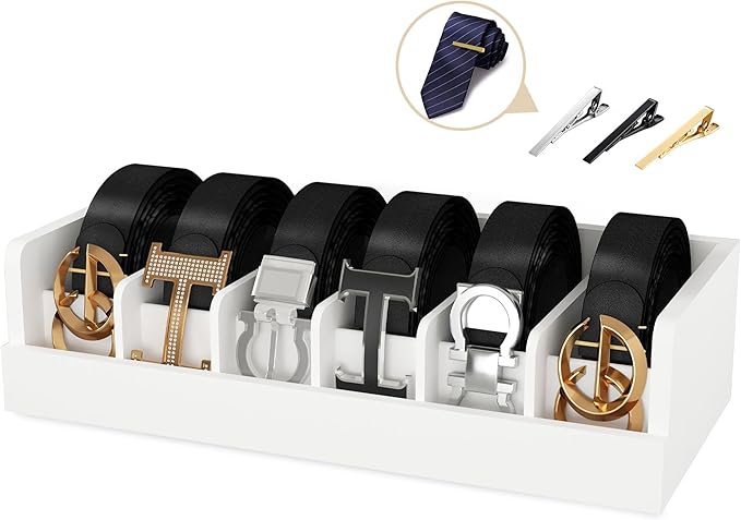 Belt Organizer for Closet - 6 Grids White Bamboo Belt Storage Organizer Racks for Men Women's Drawer, Belt Display Holder Wall Mount with 2 Pcs Tie Clip