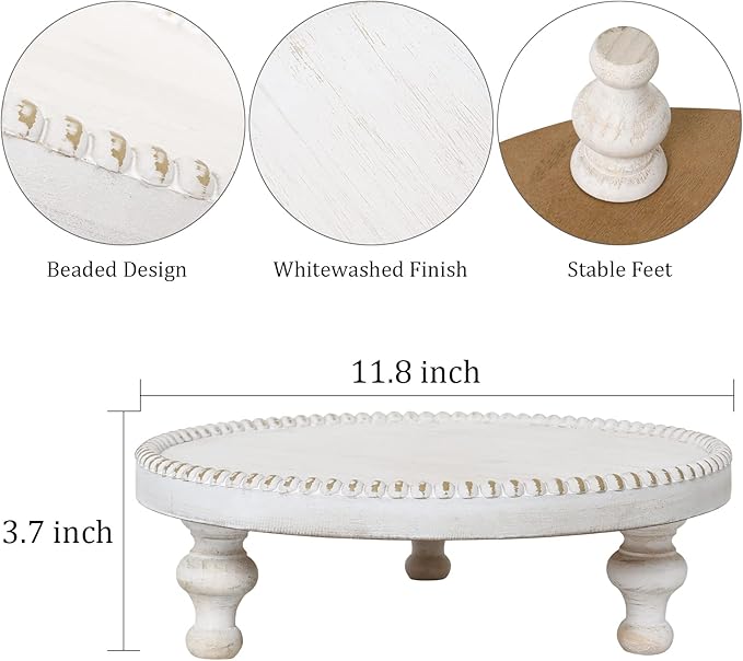 SwallowLiving Rustic White Round Wood Tray Riser Farmhouse Pedestal Stand with Beaded Edge for Decor Whitewash Finish Wooden Cupcake Display for Cakes and Decorative Items 11.8 inches