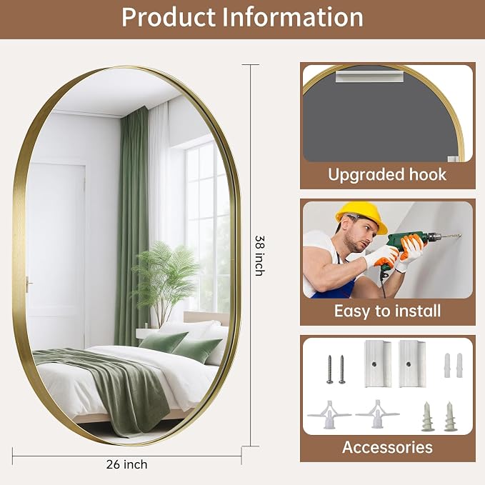 Gold Oval Mirror, 26"x38" Oval Bathroom Mirror, Brushed Gold Mirror with Aluminium Alloy Frame, Anti-Rust, Tempered Glass