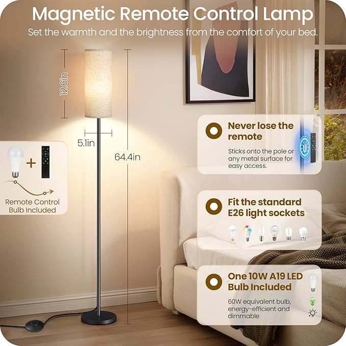 64.4” Slim Floor Lamp for Living Room with Magnetic Remote and Foot Switch, Dimmable Standing Tall Lamp Mood for Bedroom Nursery, 3 Color Temperatures, 1-Hour Timer,900LM Bulb Included,Beige E06LD05W1