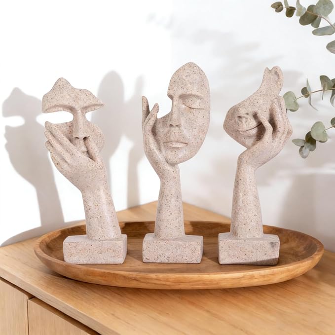 3 Pcs Thinker Small Statue Set - Art Resin Abstract Home Accent Figurines for Decor Woman Apartment Bookshelf Floating Shelf Coffee Table Office Desk Counter Decor (3 Pcs Sandstone, 6")